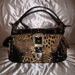 Animal Print Shoulder Handbag Purse w/ Chain Rhinestones Faux Leather (New)